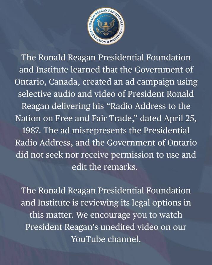 ترامب يعاقب كندا بسبب فيديو للرئيس الأسبق ريغان