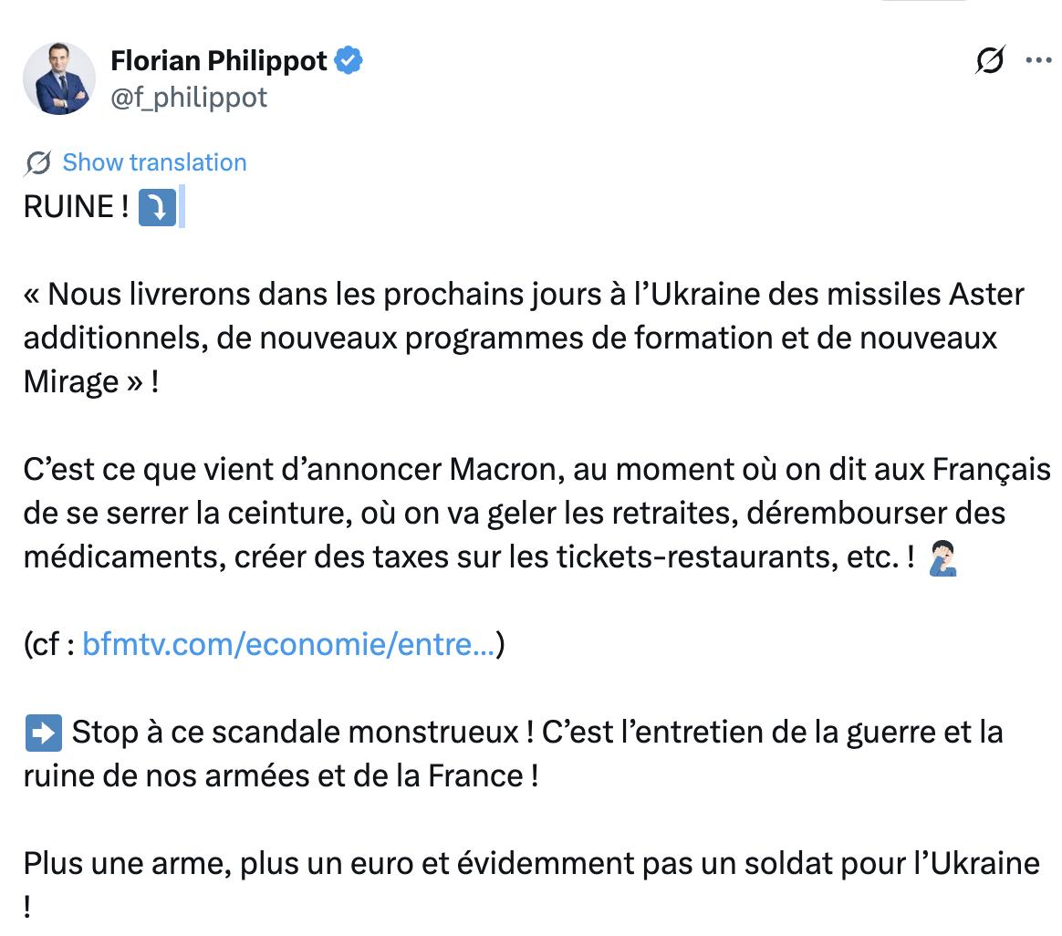 زعيم حزب الوطنيين الفرنسي يهاجم ماكرون بسبب دعمه العسكري لنظام كييف