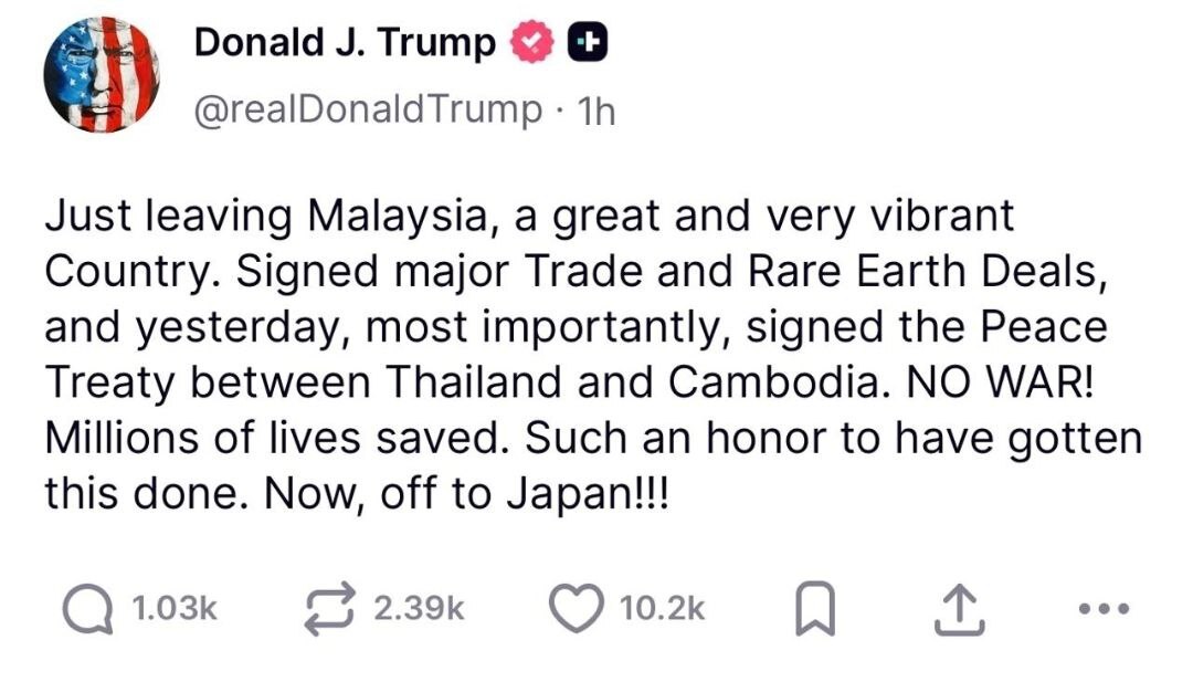 ترامب يشيد بإنجازاته الدبلوماسية والاقتصادية في ختام زيارته إلى ماليزيا