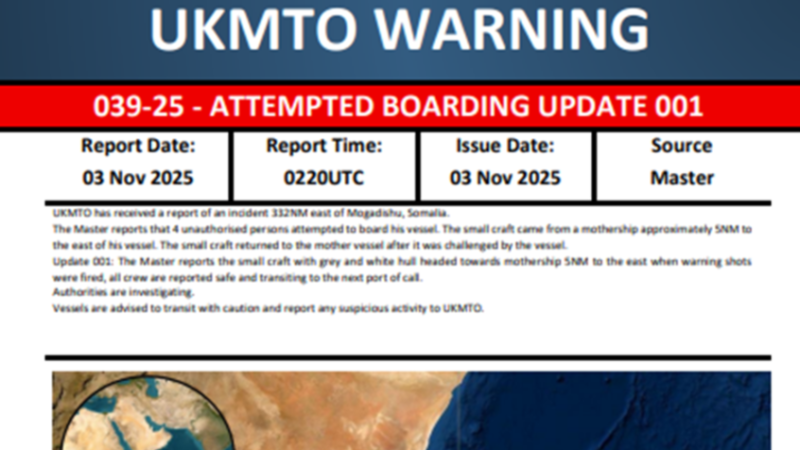 ‌‏هيئة بحرية بريطانية: بلاغ عن محاولة 4 أشخاص الصعود إلى سفينة قبالة سواحل مقديشو الشرقية