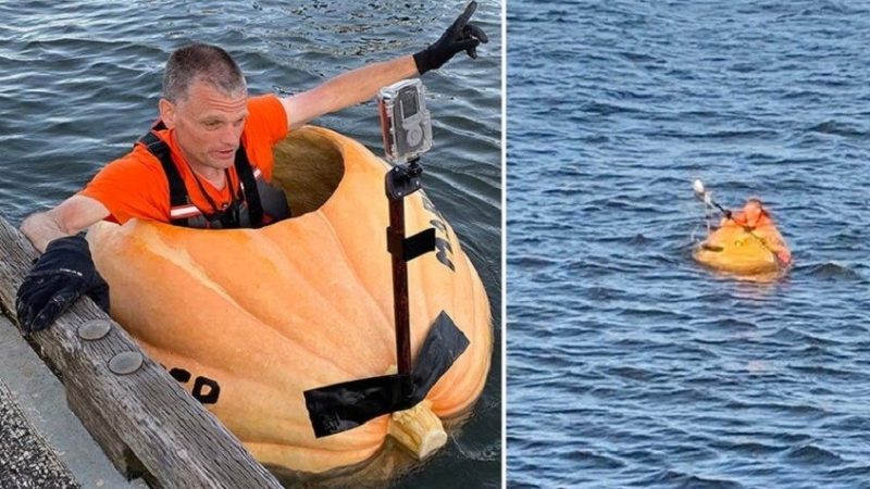 رحلة في يقطينة عملاقة.. أمريكي يقطع 95 كيلومترا في نهر كولومبيا!