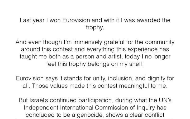الفائز بمسابقة “يوروفيجن” يعيد الجائزة احتجاجا على استمرار مشاركة إسرائيل