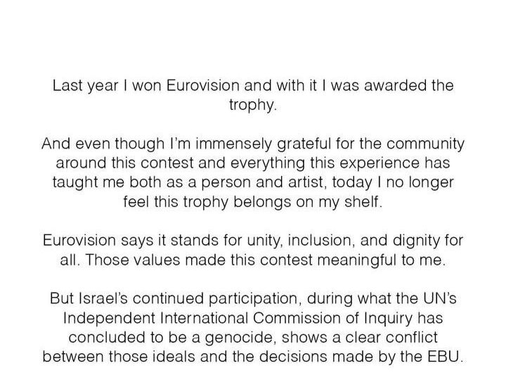 الفائز بمسابقة “يوروفيجن” يعيد الجائزة احتجاجا على استمرار مشاركة إسرائيل