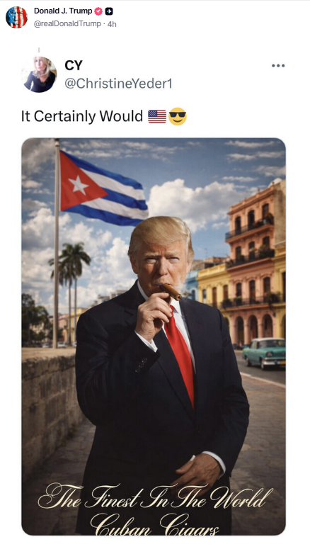 ترامب يوجه رسالة جديدة لكوبا بصورة أمام العلم الكوبي وهو يدخن السيجار (صورة)