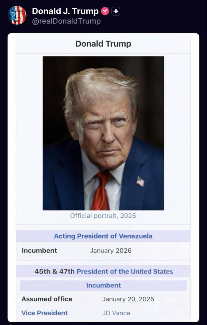 ترامب يعلن نفسه حاكما مؤقتا لفنزويلا (صورة)