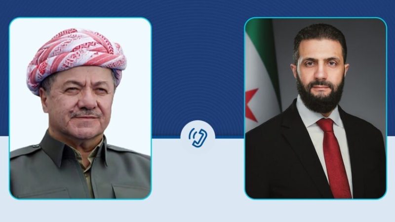 الشرع يؤكد لبارزاني على وحدة سوريا وسيادتها واستقرارها ويستعرض المستجدات