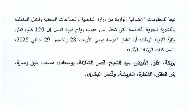 الجزائر.. تعليق الدراسة يومين في 52 ولاية جراء عاصفة عاتية