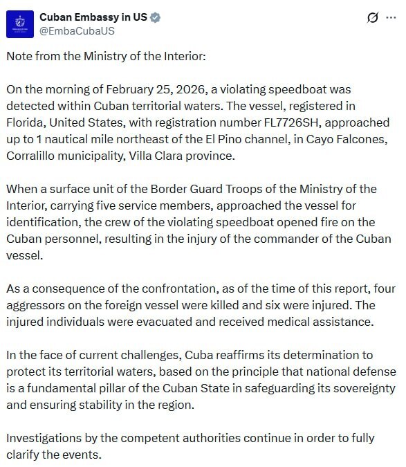 كوبا تعلن عن مقتل 4 أشخاص برصاص حرس حدودها بعد انتهاك زورق أمريكي مياهها الإقليمية